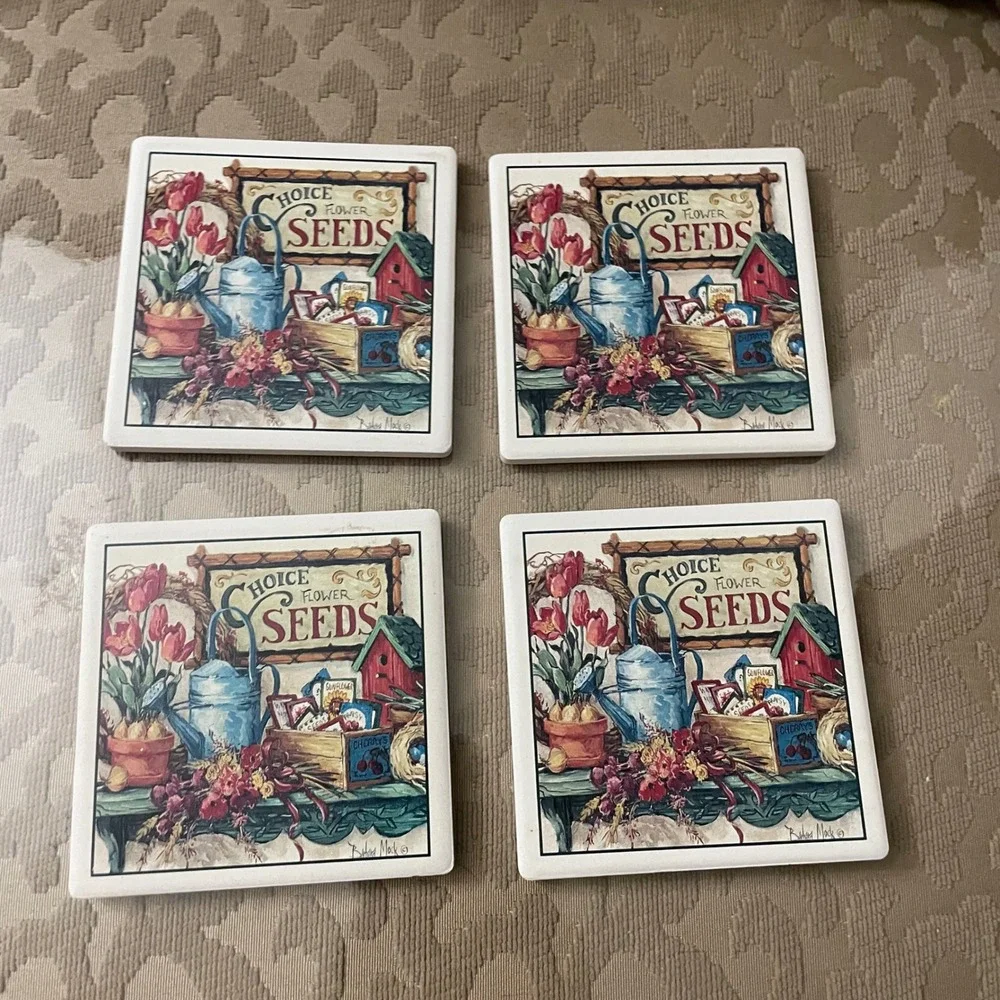 AbsorbaStone Highland Graphics Garden Flower Seed Coasters Set of 4 Barbara Mock